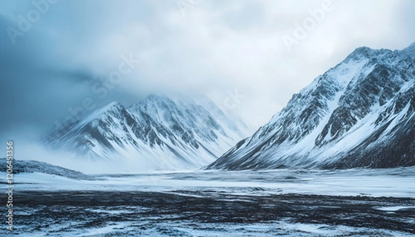 Fototapeta Frozen mountain landscape. A cold and desolate frozen landscape with snow-capped mountains and a snowstorm approaching