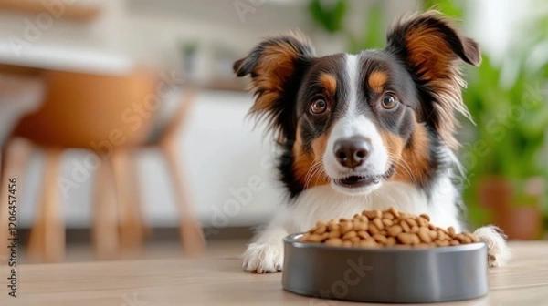 Fototapeta Border collie eagerly awaits its meal in a cozy kitchen setting