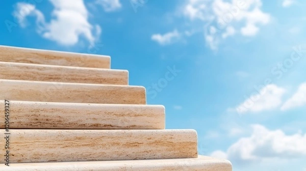 Fototapeta Steps leading to a bright blue sky with scattered clouds above