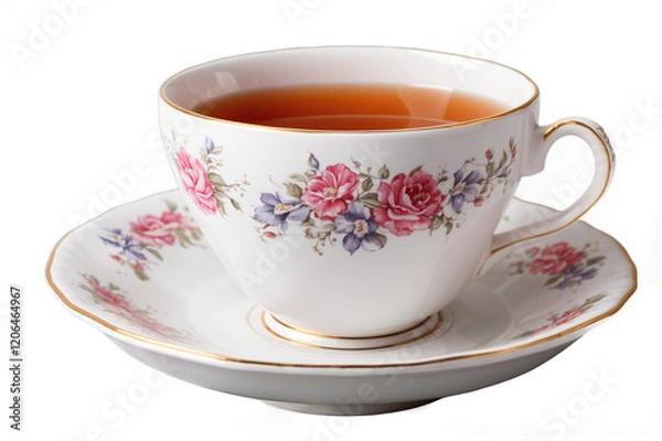Obraz Elegant floral tea cup and saucer filled with steaming tea set on a white background in a cozy setting