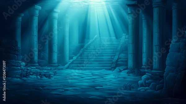 Fototapeta Underwater ruins with pillars and stairs. Ocean Depths. Illustration