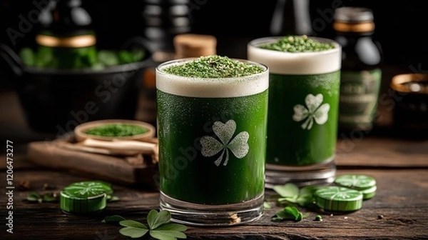 Fototapeta Two vibrant green beverages adorned with a clover motif sit on a rustic wooden table. Fresh mint leaves and thematic decorations enhance the festive ambiance, ideal for a celebration
