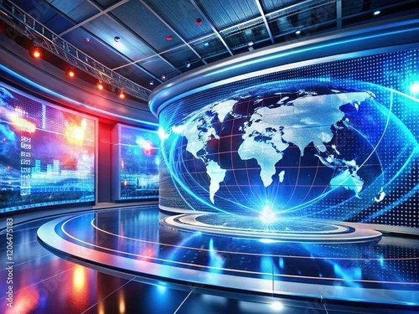 Fototapeta Futuristic Breaking News World Map Broadcast Studio Background Stock Photo