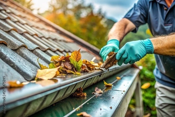 Fototapeta High-Depth-of-Field Image: Man Cleaning Rain Gutter Leaves on Roof