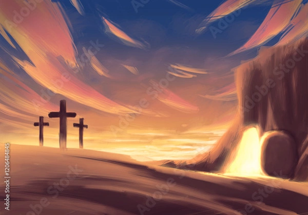 Fototapeta Illustration of the resurrection of Jesus on Easter, featuring a tomb on a mountain illuminated with light, the stone rolled away, three crosses in the foreground, and a sunset in the background