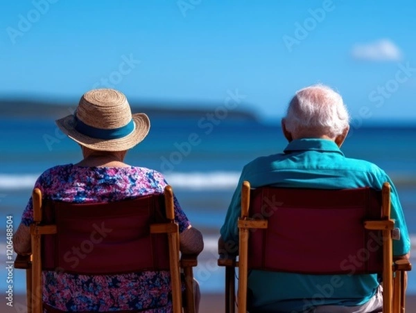 Obraz Elderly Couple Beach Relaxation: Coastal Serenity