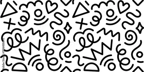 Fototapeta Memphis fun geometric seamless pattern. Cool abstract background, retro 80s, 90s style with basic shapes: star, triangle, circle, semicircle, heart, zigzag, spiral, wavy lines. Cute kid doodle design.