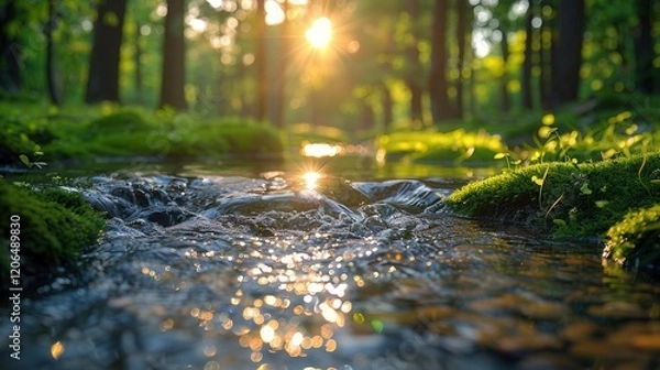 Fototapeta Sunlit Stream in a Lush Green Forest: A Peaceful and Serene Natural Landscape