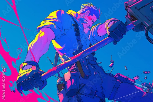 Obraz Dynamic character wielding a weapon against a vibrant backdrop with splashes of color and action
