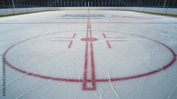 Fototapeta Top-down close-up view of an ice hockey rink, showing the textured surface and lines