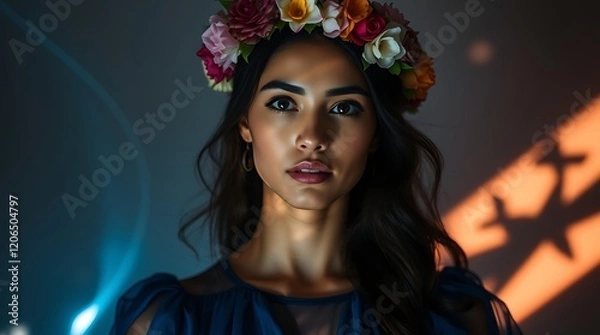 Obraz Woman with flower crown, dramatic lighting. (3)