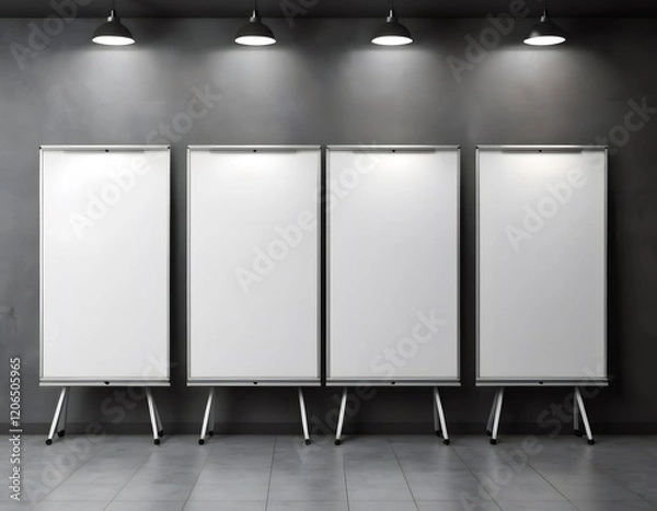 Fototapeta Four blank flip charts showing in empty conference room with spotlights