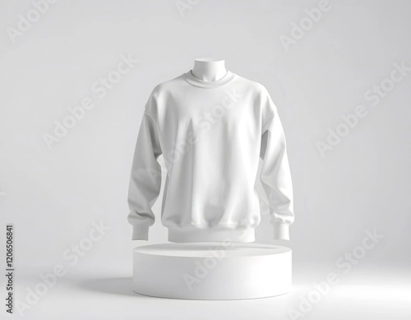 Fototapeta White blank sweatshirt on mannequin on round platform floating over white background, perfect for showcasing your apparel designs