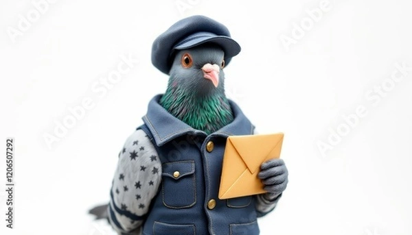 Obraz Pigeon Mailman in Uniform Holding Envelope