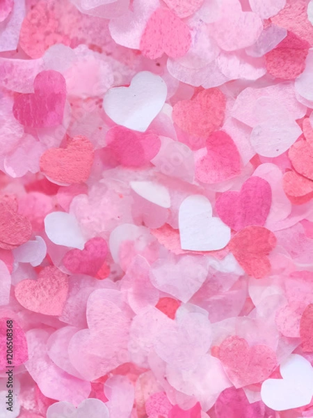 Fototapeta A plethora of heart-shaped confetti scattered across a surface. The hearts come in varying shades of pink, ranging from light to dark