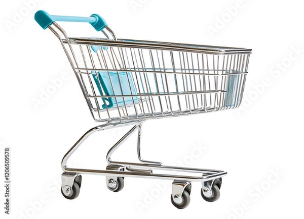 Fototapeta Aluminum sleek empty supermarket shopping cart with shiny metallic isolated on cut out PNG or transparent background. Show modern design and functionality. Transporting large quantities of goods.
