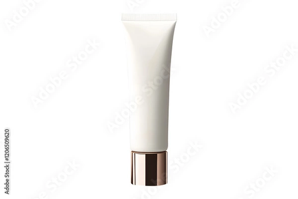 Fototapeta Cream tube plastic luxurious white portable isolated on cut out PNG or transparent background. Modern bottle packaging products. Collapsible squeeze tube cosmetic containers with flip lid gold.