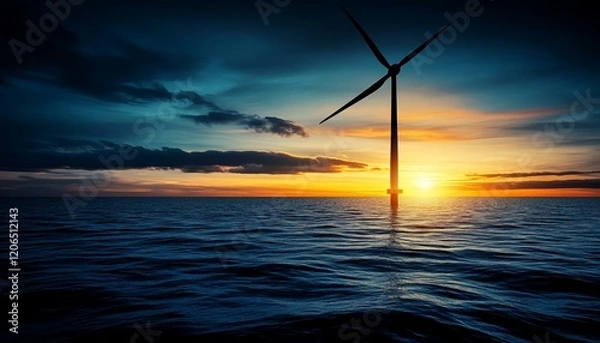 Fototapeta Sunset over Wind Turbine in Tranquil Ocean