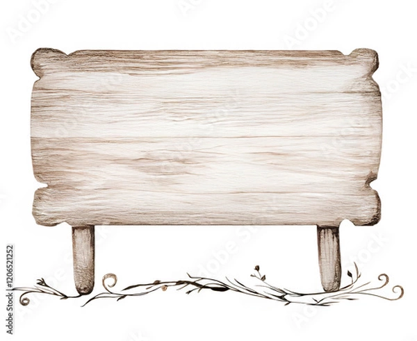 Obraz Blank signboard on a wooden pole with floral ornament. Object of blank information board beige board, isolated on white background, illustration.