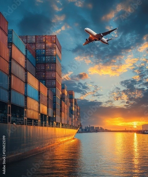 Obraz Airplane Flying Over Container Ship at Sunset with Vibrant Sky and Reflections on Water, Capturing the Essence of Global Trade and Transportation