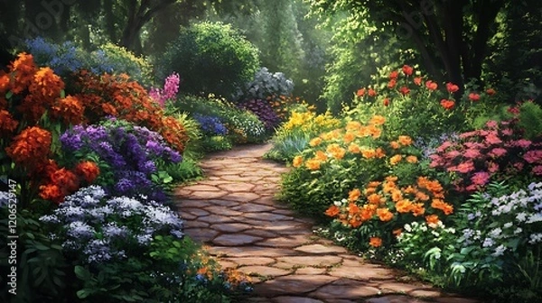 Fototapeta A vibrant garden path surrounded by colorful flowers and greenery.