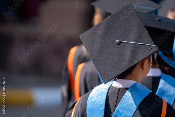 Fototapeta A group of people wearing graduation caps and gowns. The person in the middle is wearing a black cap with a blue ribbon