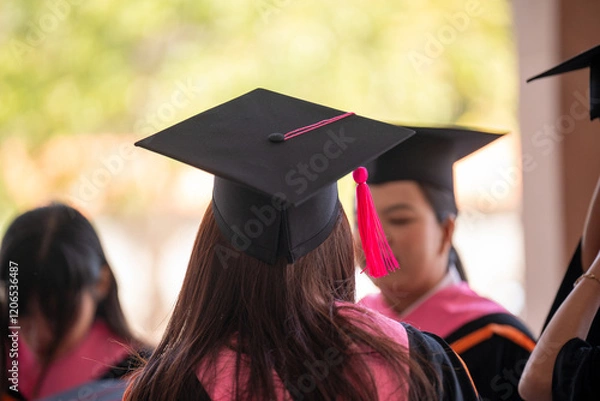 Fototapeta A woman wearing a black cap and gown is standing in front of other graduates. Concept of accomplishment and pride as the graduates celebrate their achievements