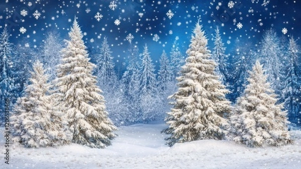 Fototapeta Winter Wonderland - Snowfall and Evergreen Trees