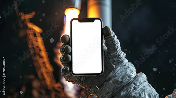Obraz Close-up of an astronaut holding a mobile phone with an empty screen in his hand against the background of a rocket launch into space. Phone mockup. Celebration of Cosmonautics Day
