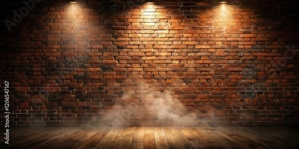 Fototapeta Moody interior scene with brick wall and wooden floor, illuminated by spotlights and subtle fog