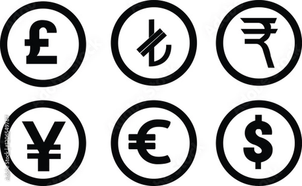 Fototapeta Different currency designs silhouette,Most important currency vector,Dollar,euro,pond collection,Stock market currency set, Foreign exchange notes and currency in stock exchange 