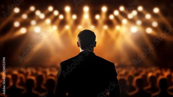 Fototapeta A person stands before a bright stage, facing an audience, ready to perform or speak.