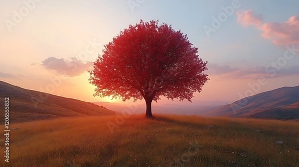 Obraz Sunset Red Tree Hilltop Landscape Serenity