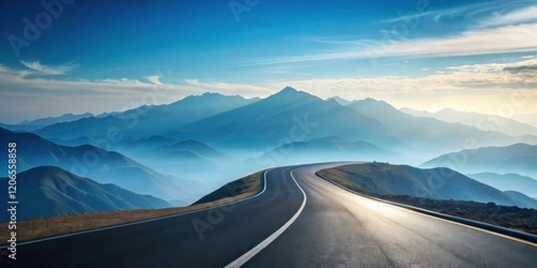 Fototapeta Asphalt road curves along a mountain ridge offering scenic views of distant hazy peaks under a vibrant sky