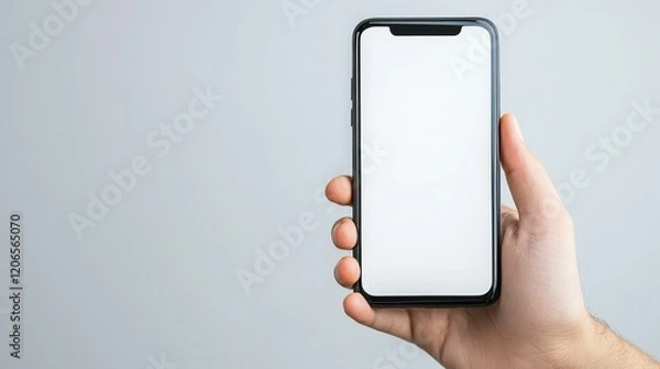 Fototapeta Person holding a smartphone with a blank screen in a casual setting indoors
