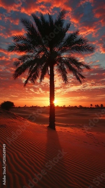 Fototapeta Single palm tree stands alone in the desert casting a long shadow on the sand as the sun sets with the sky ablaze in shades of orange and pink