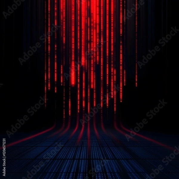 Obraz Binary code background, red color, matrix, with lines creating a futuristic atmosphere, conveying a technological atmosphere