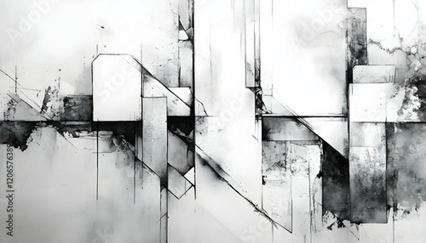 Obraz Abstract grayscale artwork featuring geometric shapes, lines, and textures; evokes a sense of modern architecture or urban landscapes.