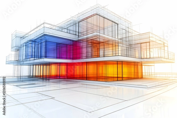 Obraz Architectural rendering of a modern house design, showcasing vibrant color-coded sections in a wireframe style. Ideal for presentations and design portfolios.