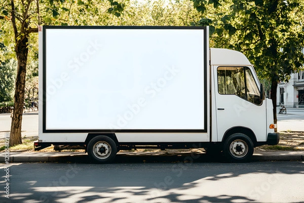 Obraz Blank menu board on sleek food truck parked in urban park setting, inviting creativity and culinary exploration