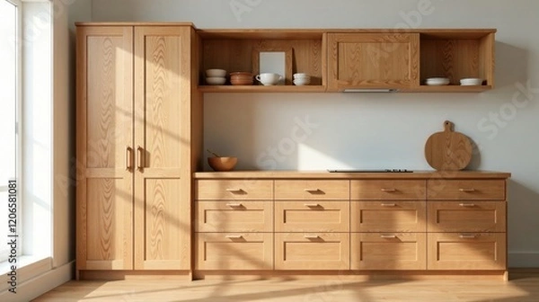 Fototapeta Light-filled kitchen with minimalist wooden cabinetry and sunlight streaming through a nearby window, showcasing a serene and functional space