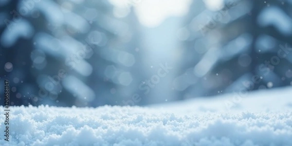 Fototapeta Serene Winter Landscape A Close-Up View of Fresh Snow with a Soft Focus Background of Snowy Trees and Gentle Falling Snowflakes