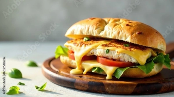 Fototapeta A Delicious Grilled Chicken Sandwich with Melted Cheese, Juicy Tomatoes, and Fresh Greens on a Rustic Wooden Board