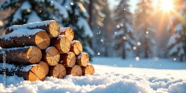 Fototapeta Winter woodland scene featuring a neatly stacked pile of snow-covered logs, bathed in the warm glow of a winter sun.