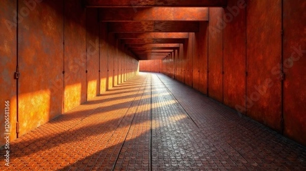 Fototapeta Sunlit Rusty Passageway Architectural Corridor with Oxidized Metal Walls and Textured Paving