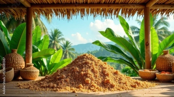 Fototapeta A sunlit pile of granulated substance rests on a wooden surface beneath a thatched roof, surrounded by woven baskets and lush tropical foliage.