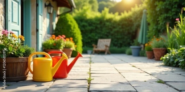 Fototapeta Brightly colored watering cans rest on a sun-drenched patio, surrounded by vibrant potted flora and lush greenery.