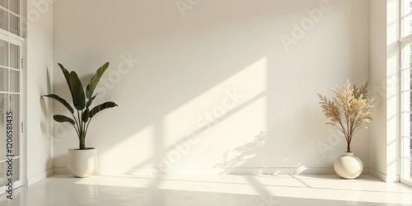 Fototapeta Sunlit minimalist interior featuring potted plants in a corner room with large windows