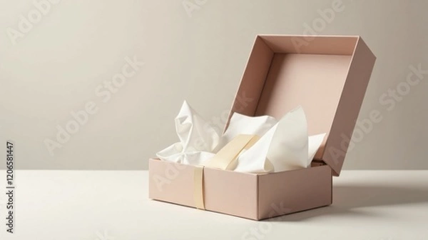 Fototapeta A blush-colored gift box, elegantly presented, awaits its precious contents, delicately nestled in soft white tissue paper, tied with a refined ribbon.