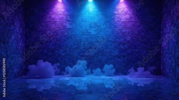 Fototapeta Enigmatic Blue and Purple Lit Brick Room with Vaporous Clouds on Floor